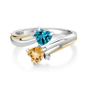 Gem Stone King 1.03 Ct London Blue Topaz Yellow Citrine 925 Silver and 10K Yellow Gold Lab Grown Diamond 2 Heart Promise Couple Engagement Mother Ring (Size 6)