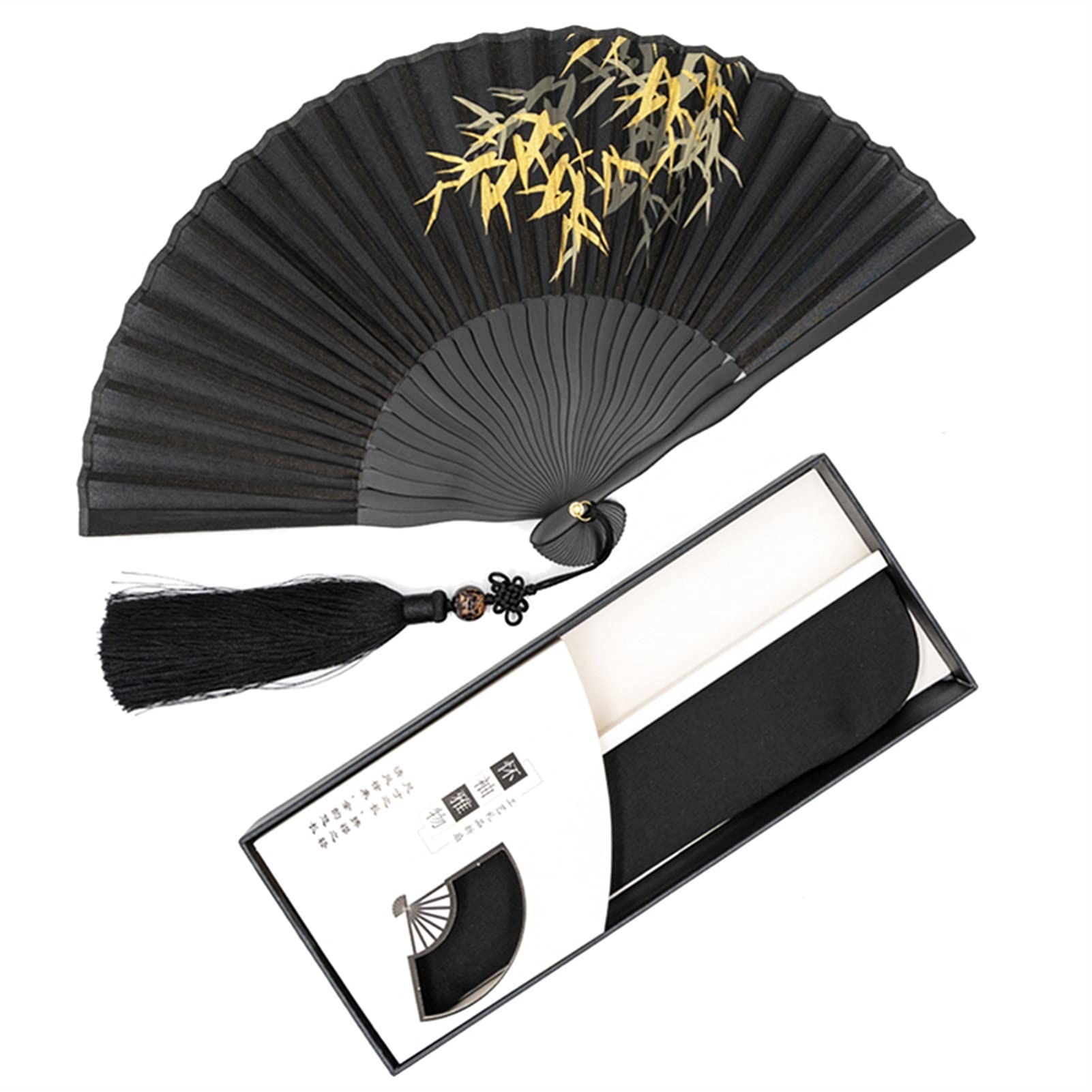 RAN Small Black Folding Fans, Chinese Bamboo Leaf Pattern Hand Fan Folded Purse Hand Fan with Fabric Sleeve and Tassel, for Women