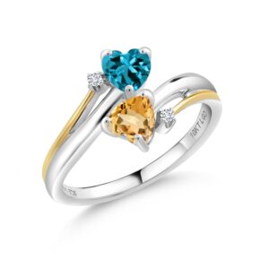 Gem Stone King 1.03 Ct London Blue Topaz Yellow Citrine 925 Silver and 10K Yellow Gold Lab Grown Diamond 2 Heart Promise Couple Engagement Mother Ring (Size 6)