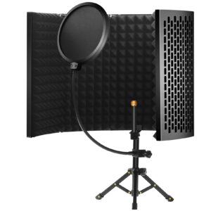 microphone isolation shield with pop filter and tripod stand, 5-panel vocal booth foldable high density absorbent foam suit for blue yeti & any condenser mic, studio sound recording singing