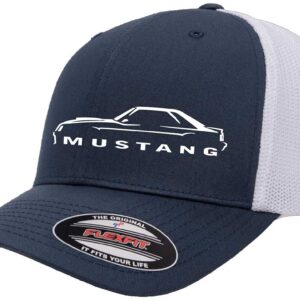 1979-82 Ford Mustang GT 5.0 Hatchback Classic Outline Design Flexfit 6511 Trucker Mesh Fitted Cap Navy/White