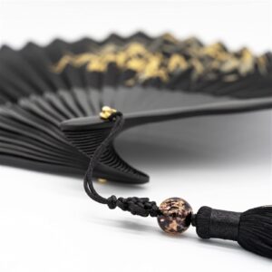 RAN Small Black Folding Fans, Chinese Bamboo Leaf Pattern Hand Fan Folded Purse Hand Fan with Fabric Sleeve and Tassel, for Women