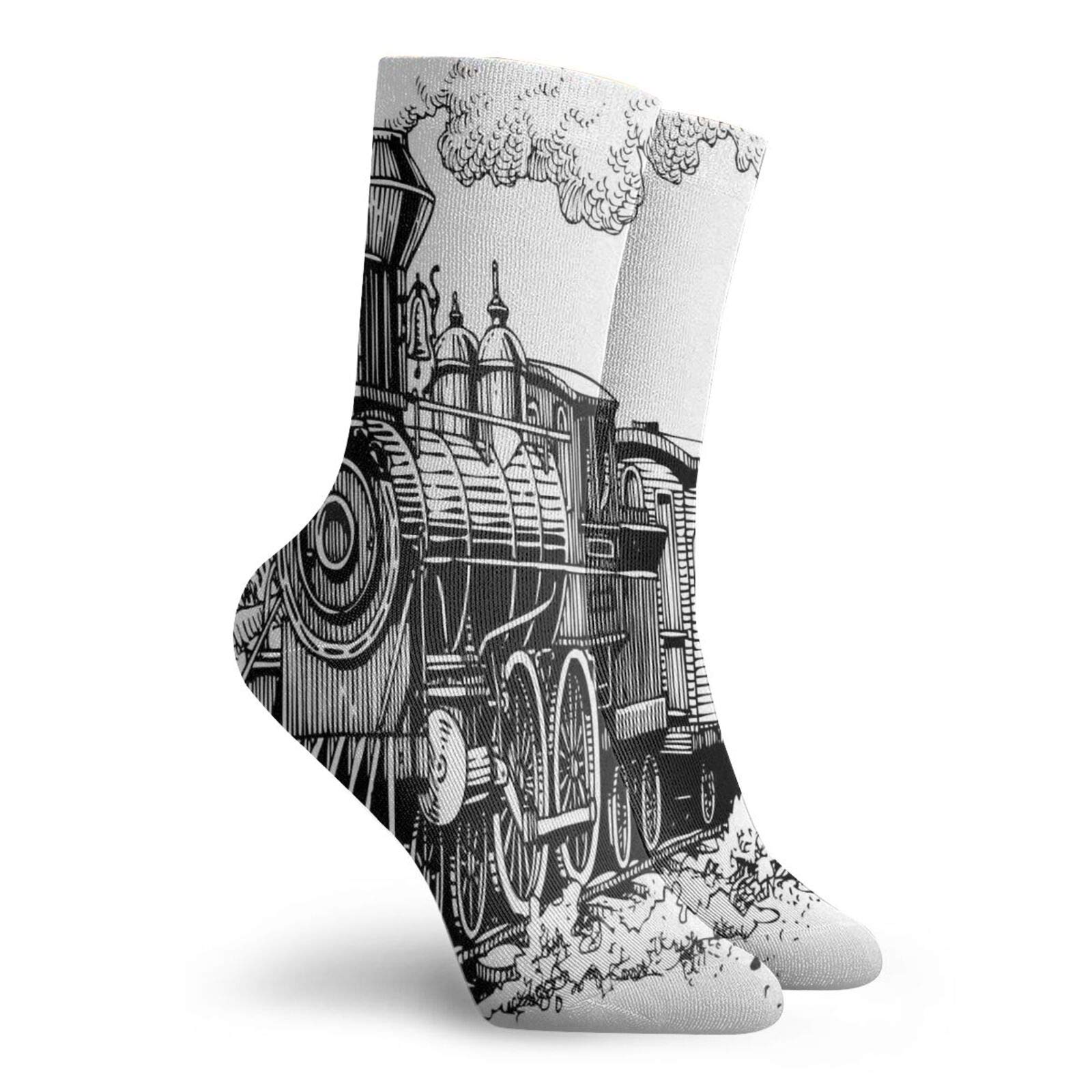 Steam Engine Funny Compression Socks Women and Men,Rustic Old Train In Country Locomotive Wooden Wagons Rail Road With Smoke,Best for Circulation,Running,Athletic,Nurse,Travel,Black And White -12 inch