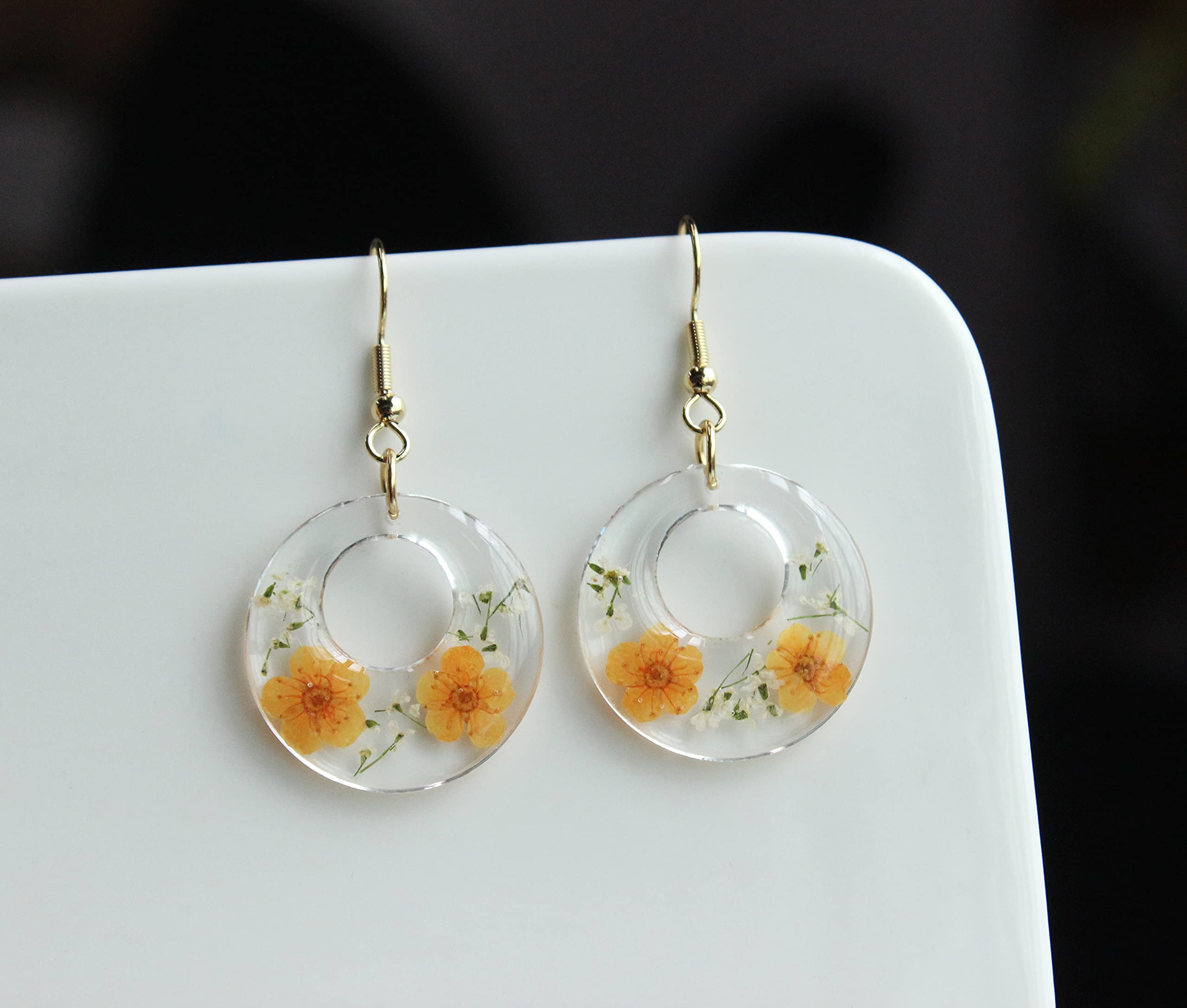 SIEASY Pressed flower Earrings, real Dried Flowers Pendant Earrings Orange Floret Gold earrings