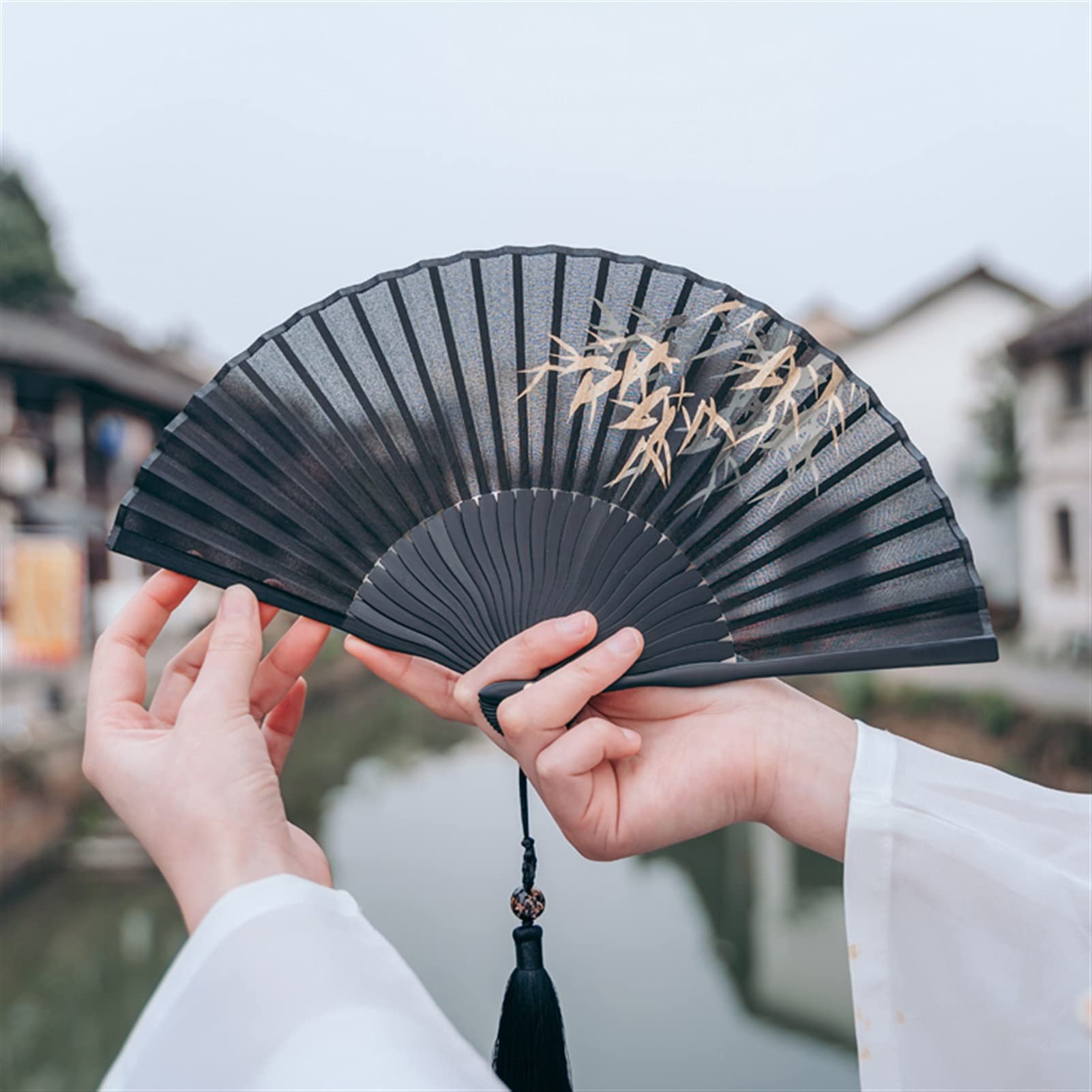 RAN Small Black Folding Fans, Chinese Bamboo Leaf Pattern Hand Fan Folded Purse Hand Fan with Fabric Sleeve and Tassel, for Women