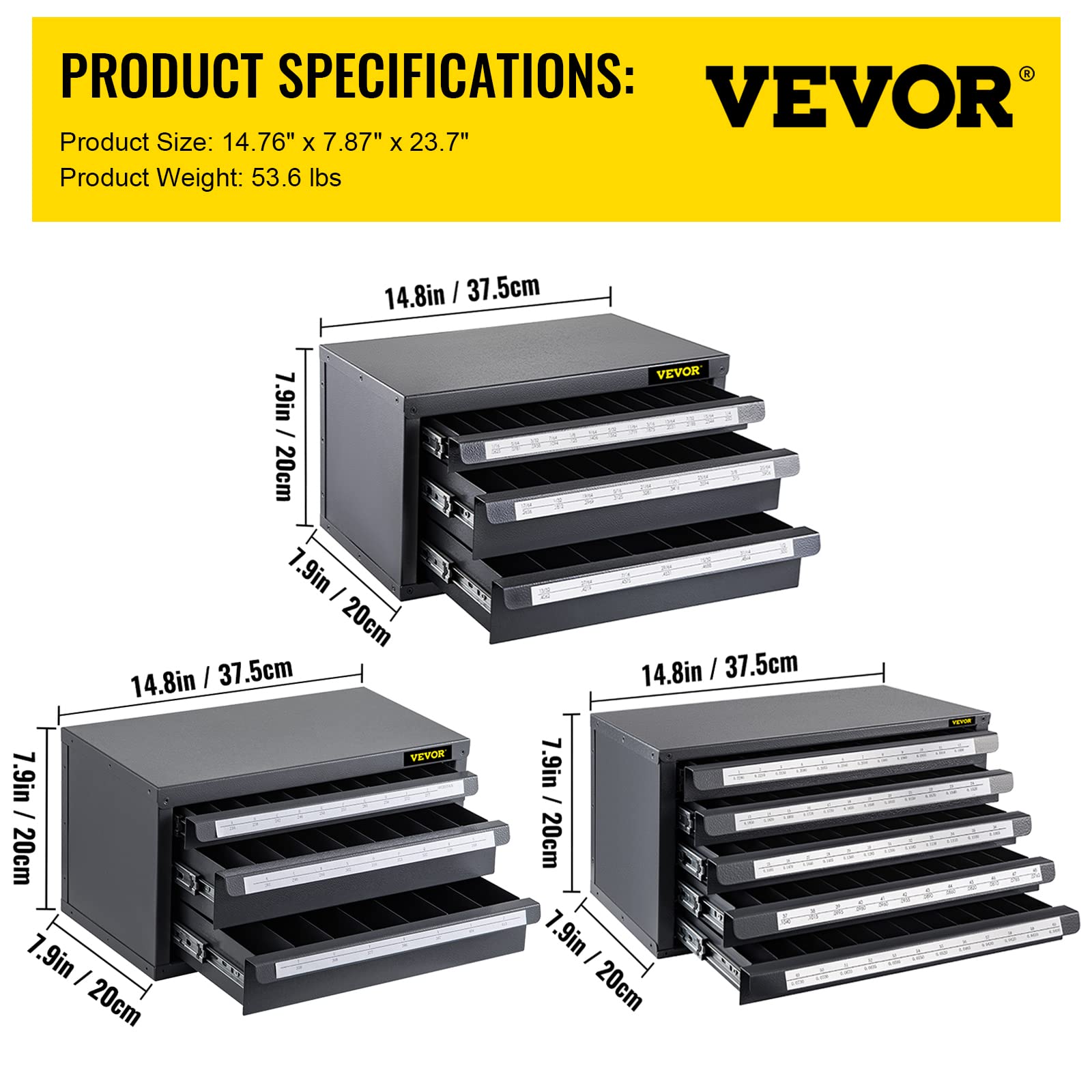 VEVOR Drill Bit Dispenser Cabinet Set, Three-Drawer for 1/16" to 1/2" & Letter Sizes A to Z, Five-Drawer Drill Bit Organizer for Wire Gauge Sizes #1 to #60, 3 Pieces