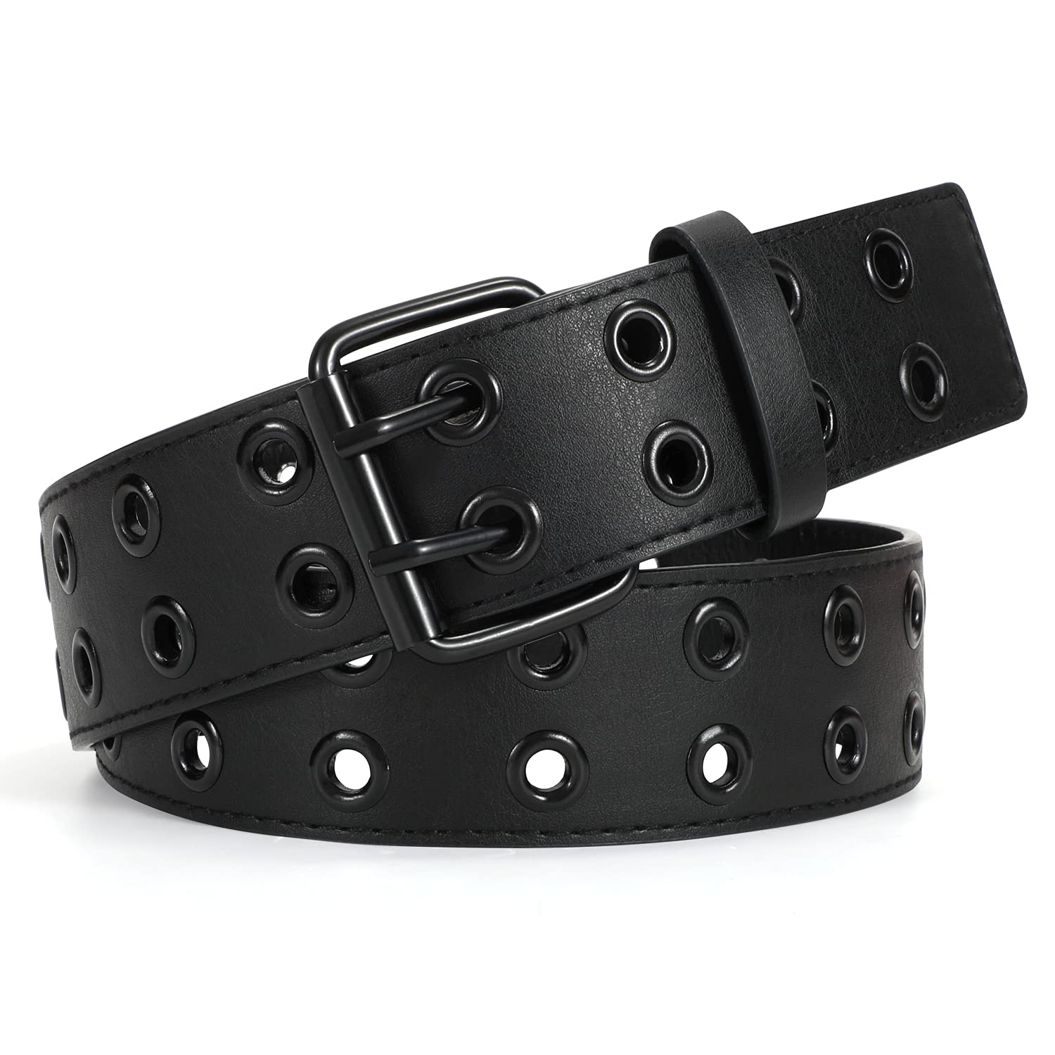 WERFORU Double Grommet Belt PU Leather Punk Belt for Women Men Jeans 2 Hole Belts 1.5 Wide