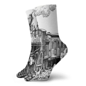 steam engine funny compression socks women and men,rustic old train in country locomotive wooden wagons rail road with smoke,best for circulation,running,athletic,nurse,travel,black and white -12 inch