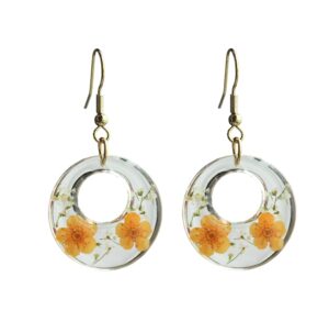 sieasy pressed flower earrings, real dried flowers pendant earrings orange floret gold earrings