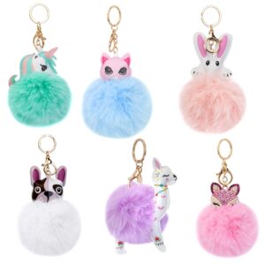 Framendino, 6 Pack Animal Pom Pom Keychain Cute Faux Fur Fluffy Fuzzy Keychain Ball for Girls Women Bag Accessories