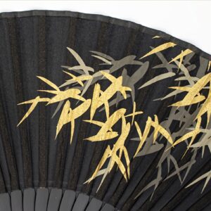 RAN Small Black Folding Fans, Chinese Bamboo Leaf Pattern Hand Fan Folded Purse Hand Fan with Fabric Sleeve and Tassel, for Women