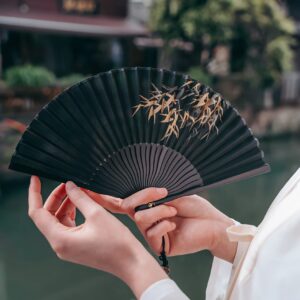 RAN Small Black Folding Fans, Chinese Bamboo Leaf Pattern Hand Fan Folded Purse Hand Fan with Fabric Sleeve and Tassel, for Women