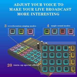 Sound Mixer Board, LED Light Voice Changer Sound Card with Multiple Sound Effects - Live Sound Card