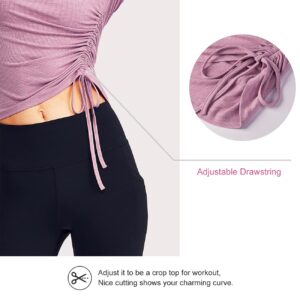 Workout Tops for Women Long Sleeve Fitted Ruched Drawstring(Mauve Heather,S)