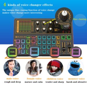 Sound Mixer Board, LED Light Voice Changer Sound Card with Multiple Sound Effects - Live Sound Card