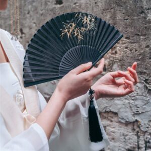 RAN Small Black Folding Fans, Chinese Bamboo Leaf Pattern Hand Fan Folded Purse Hand Fan with Fabric Sleeve and Tassel, for Women