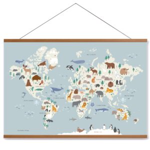 Lenny’s World Animal World Map For Kids - Large 36"x24" Educational Geography Maps For Baby Toddler Wall, Classroom Decor, Linen Canvas With Wood Hanger - Learning Tapestry Poster For Preschool