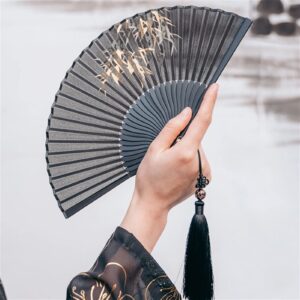 RAN Small Black Folding Fans, Chinese Bamboo Leaf Pattern Hand Fan Folded Purse Hand Fan with Fabric Sleeve and Tassel, for Women