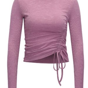 Workout Tops for Women Long Sleeve Fitted Ruched Drawstring(Mauve Heather,S)