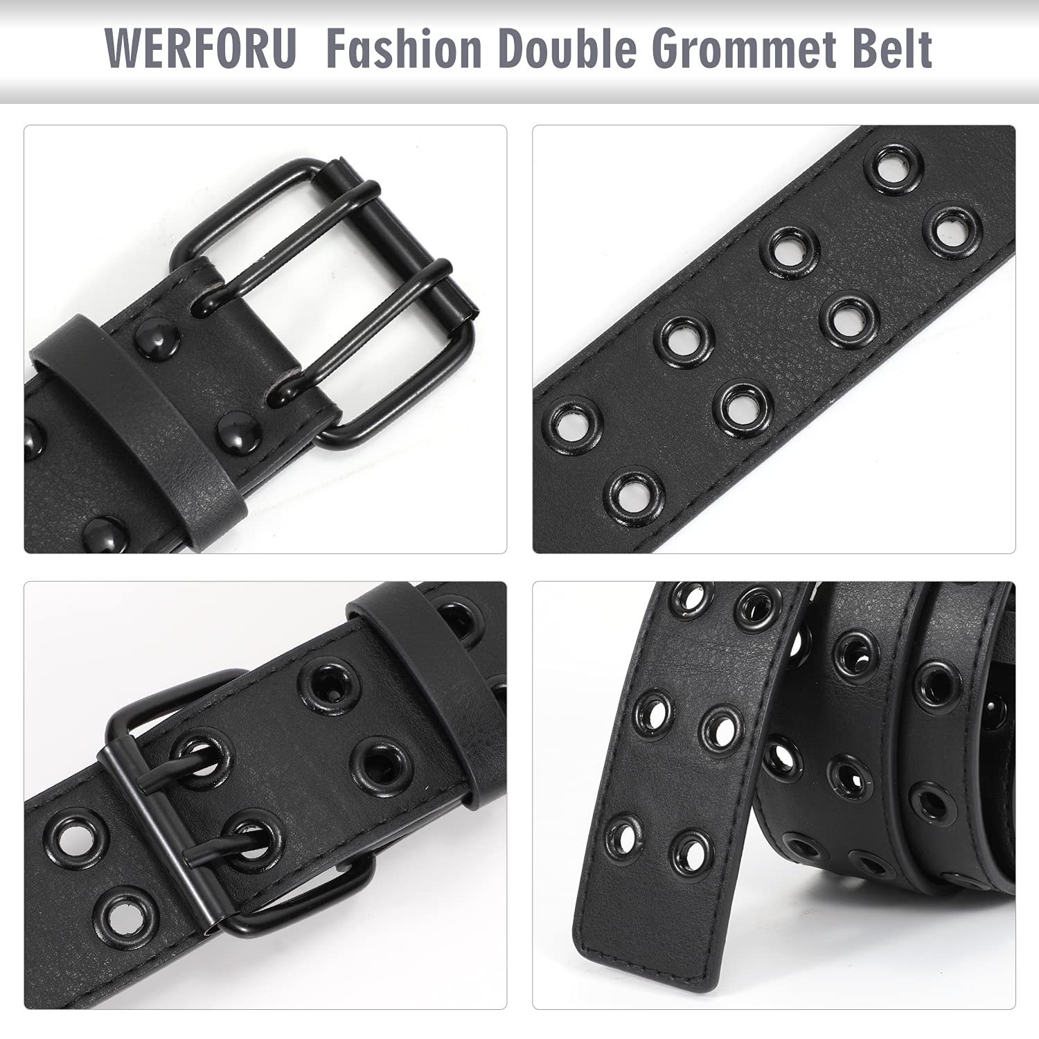 WERFORU Double Grommet Belt PU Leather Punk Belt for Women Men Jeans 2 Hole Belts 1.5 Wide