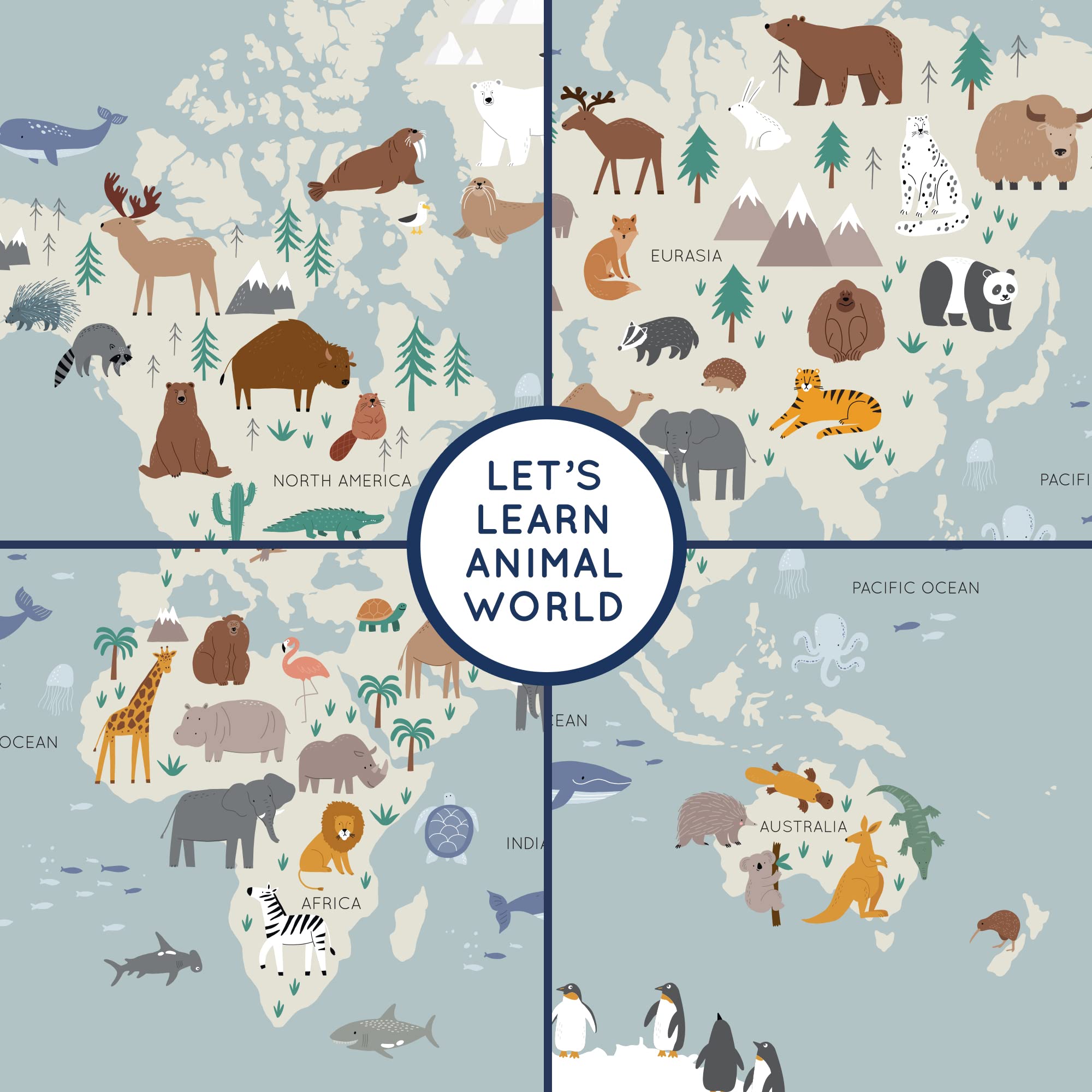 Lenny’s World Animal World Map For Kids - Large 36"x24" Educational Geography Maps For Baby Toddler Wall, Classroom Decor, Linen Canvas With Wood Hanger - Learning Tapestry Poster For Preschool