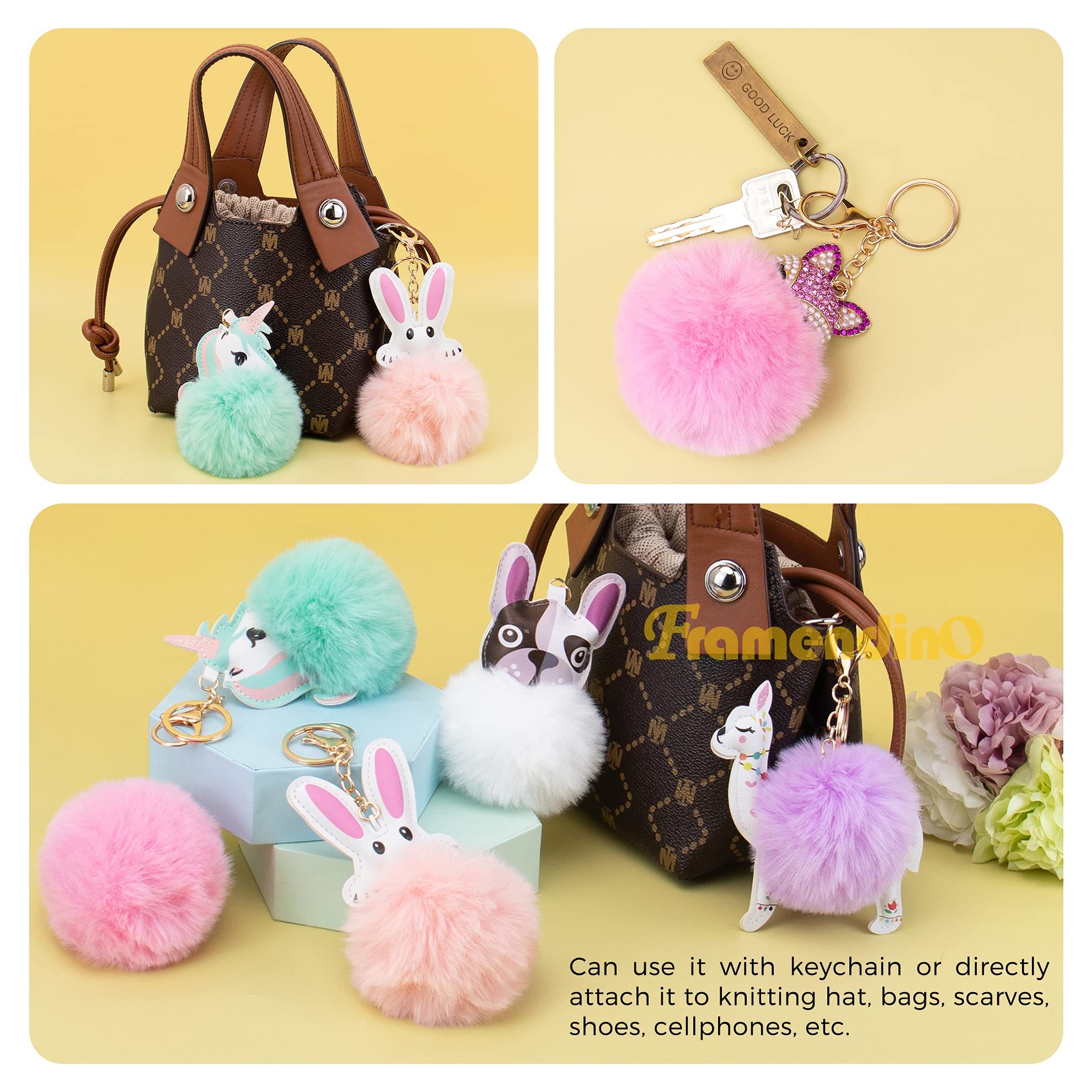 Framendino, 6 Pack Animal Pom Pom Keychain Cute Faux Fur Fluffy Fuzzy Keychain Ball for Girls Women Bag Accessories