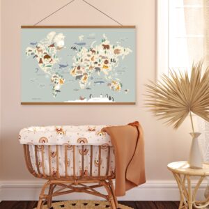 Lenny’s World Animal World Map For Kids - Large 36"x24" Educational Geography Maps For Baby Toddler Wall, Classroom Decor, Linen Canvas With Wood Hanger - Learning Tapestry Poster For Preschool