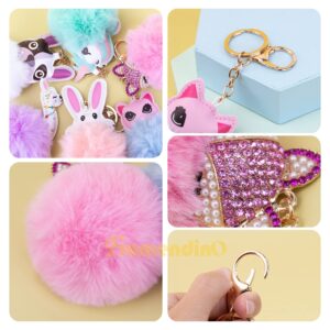 Framendino, 6 Pack Animal Pom Pom Keychain Cute Faux Fur Fluffy Fuzzy Keychain Ball for Girls Women Bag Accessories