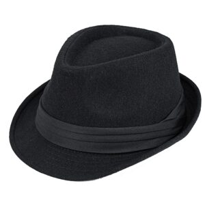 Men Classic Fedora-Hat Felt Manhattan-Gangster-Trilby with Band Unisex Women's Structured Trilby Fedora Hat(Size:S) (US, Alpha, Medium, Black)