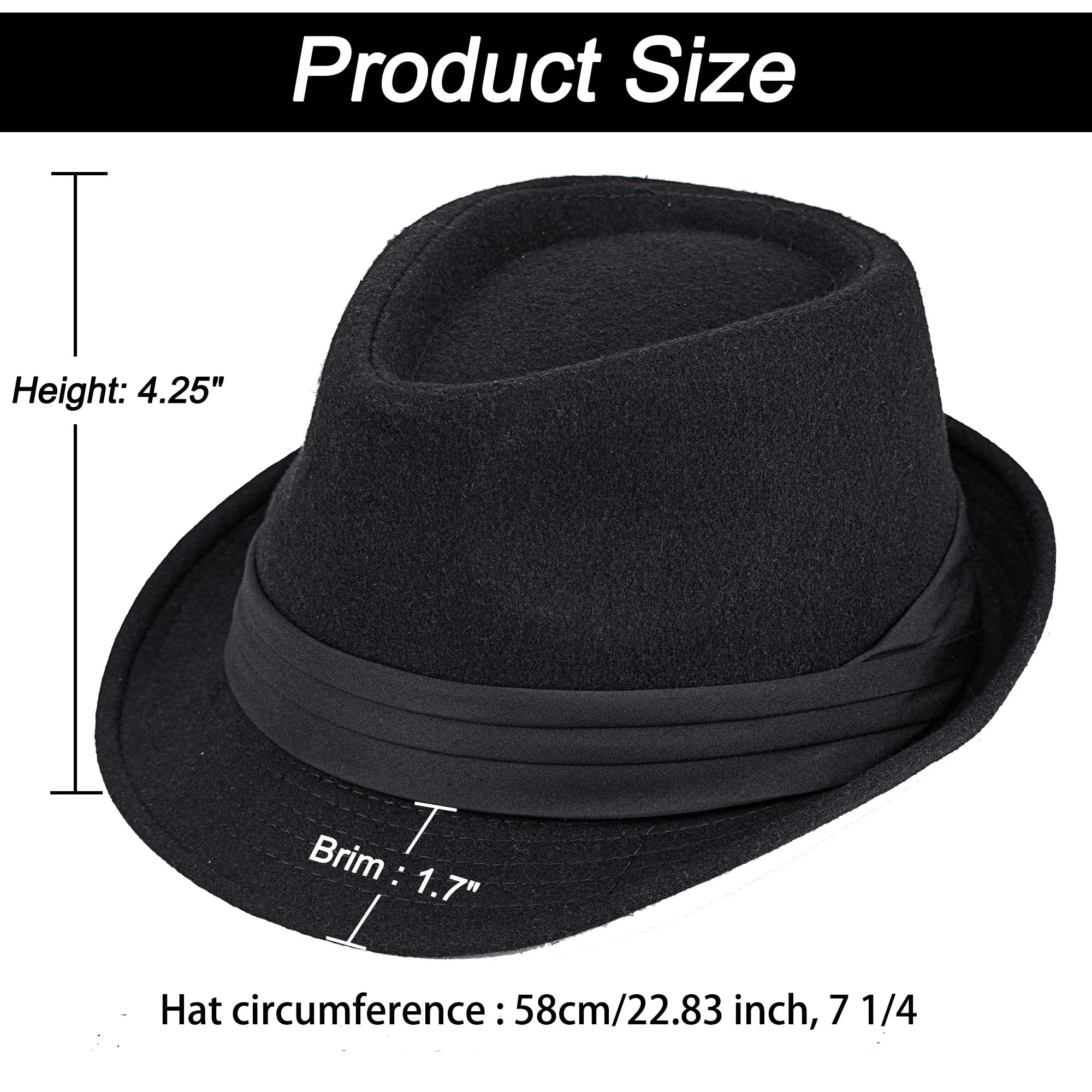 Men Classic Fedora-Hat Felt Manhattan-Gangster-Trilby with Band Unisex Women's Structured Trilby Fedora Hat(Size:S) (US, Alpha, Medium, Black)