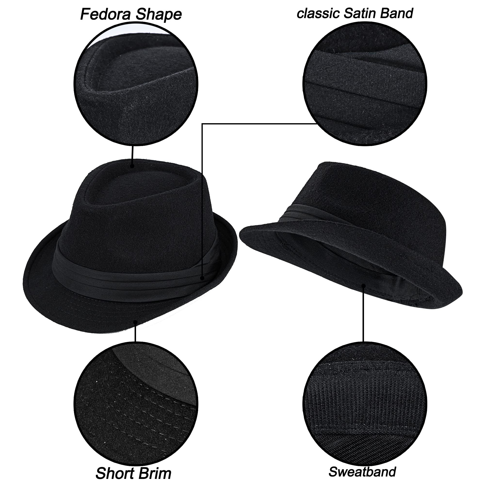 Men Classic Fedora-Hat Felt Manhattan-Gangster-Trilby with Band Unisex Women's Structured Trilby Fedora Hat(Size:S) (US, Alpha, Medium, Black)