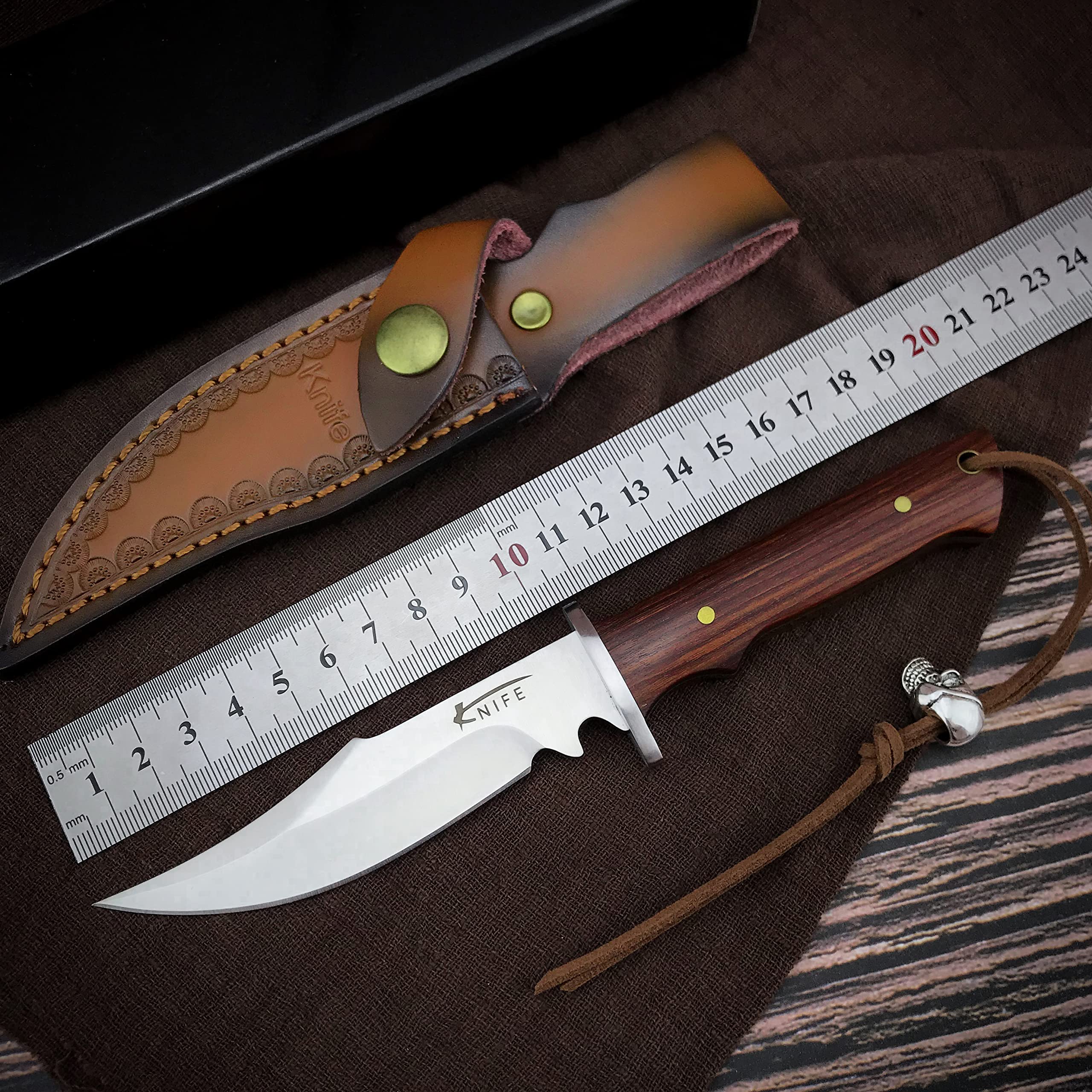 HUAAO 7.8’’ Fixed Blade Knife， 4.1’’ 7Cr13MoV Steel Blade Rosewood Handle, Full Tang Knife Hunting Knife with Sheath，Bowie Knife for EDC Outdoor Survival Camping Hiking