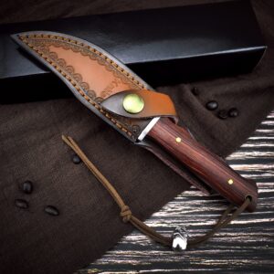 HUAAO 7.8’’ Fixed Blade Knife， 4.1’’ 7Cr13MoV Steel Blade Rosewood Handle, Full Tang Knife Hunting Knife with Sheath，Bowie Knife for EDC Outdoor Survival Camping Hiking