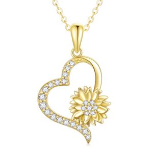 Solid 14k Gold Sunflower Heart Necklace for Wome, Real Gold Flower Necklace You are May Sunshine Necklace Love Jewelry Gifts for Wife, Mom, 16''-18''