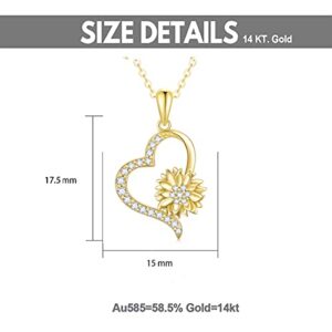 Solid 14k Gold Sunflower Heart Necklace for Wome, Real Gold Flower Necklace You are May Sunshine Necklace Love Jewelry Gifts for Wife, Mom, 16''-18''