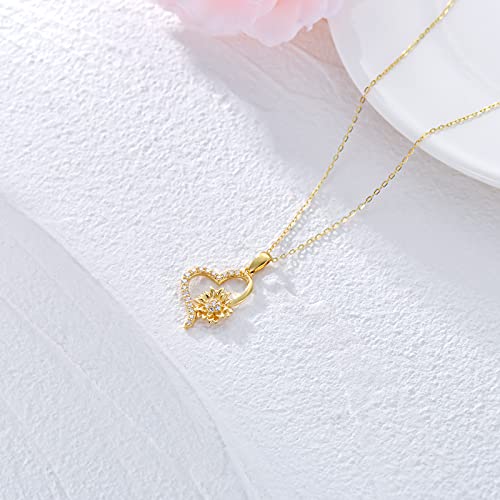 Solid 14k Gold Sunflower Heart Necklace for Wome, Real Gold Flower Necklace You are May Sunshine Necklace Love Jewelry Gifts for Wife, Mom, 16''-18''