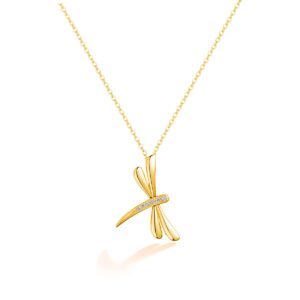 fancime 14k real solid yellow gold necklace with dragonfly diamond pendant fine jewelry promise anniversary birthday christmas gifts for her women adjustable chain 16"+2"