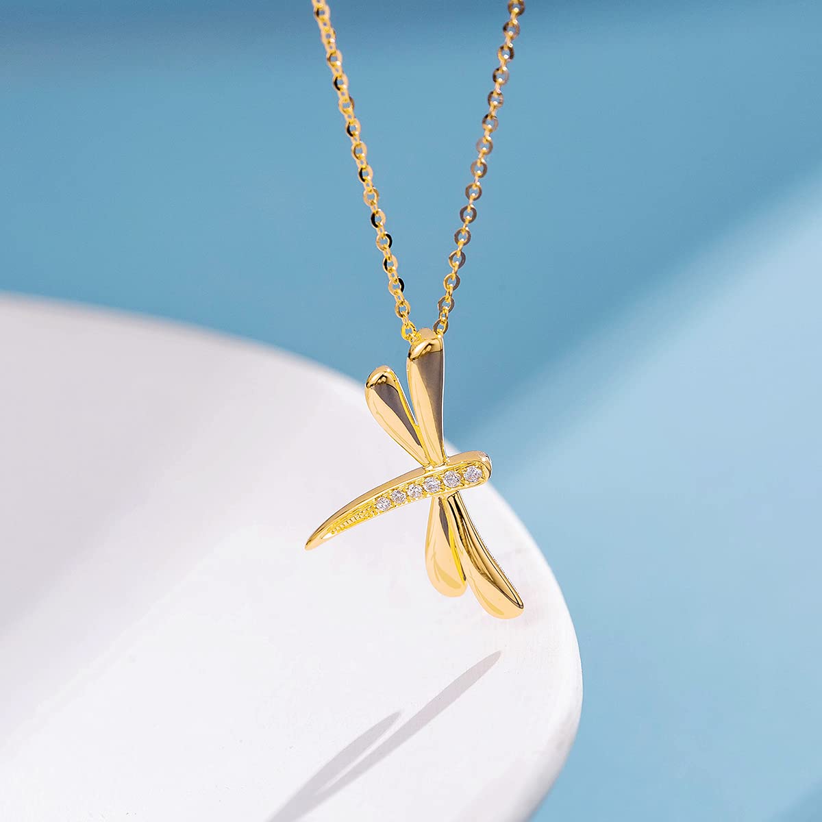 FANCIME 14K Real Solid Yellow Gold Necklace with Dragonfly Diamond Pendant Fine Jewelry Promise Anniversary Birthday Christmas Gifts for Her Women Adjustable Chain 16"+2"