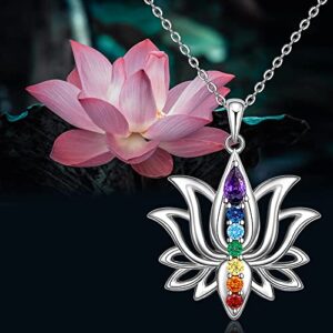 Jewlikee 7 Chakra Necklace Sterling Silver Yoga Lotus Pendant Chakra Stone Bar Necklaces for Women Energy Balance