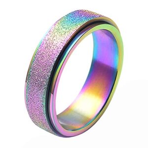 WOYNJI Stainless Steel Spinner Ring for Women Men Sand Blast Finish Gay and Lesbian LGBT Pride Wedding Band 6MM Rainbow Size 13