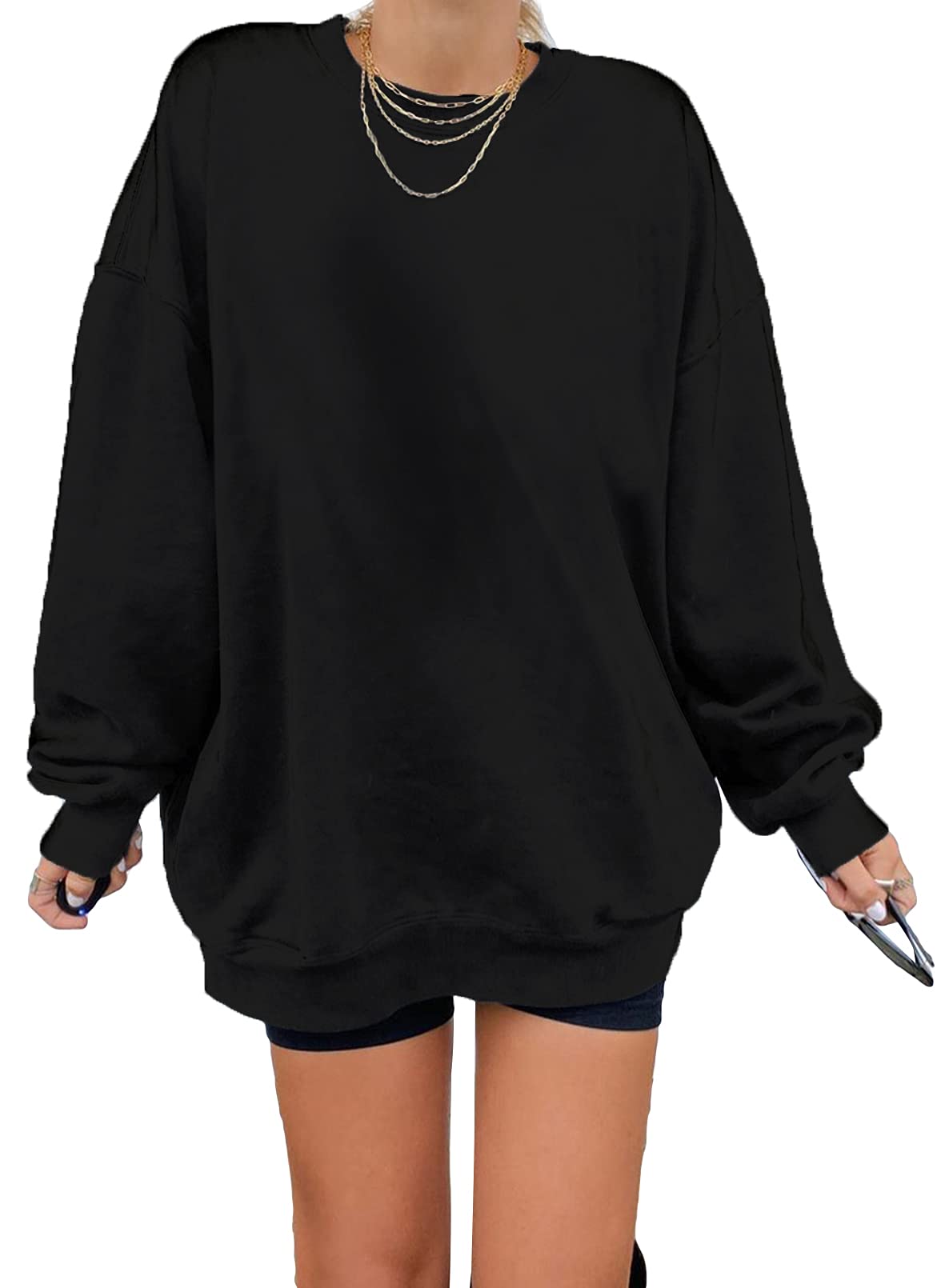 Dokotoo Womens Ladies Plus Size Cotton Basic Oversized Crewneck Long Tunic Sweatshirts for Women Long Sleeve Comfy Cozy Winter Fleece Pullover 2023 Fall Tops Casual Loose Fit Tees Shirts Black XXL