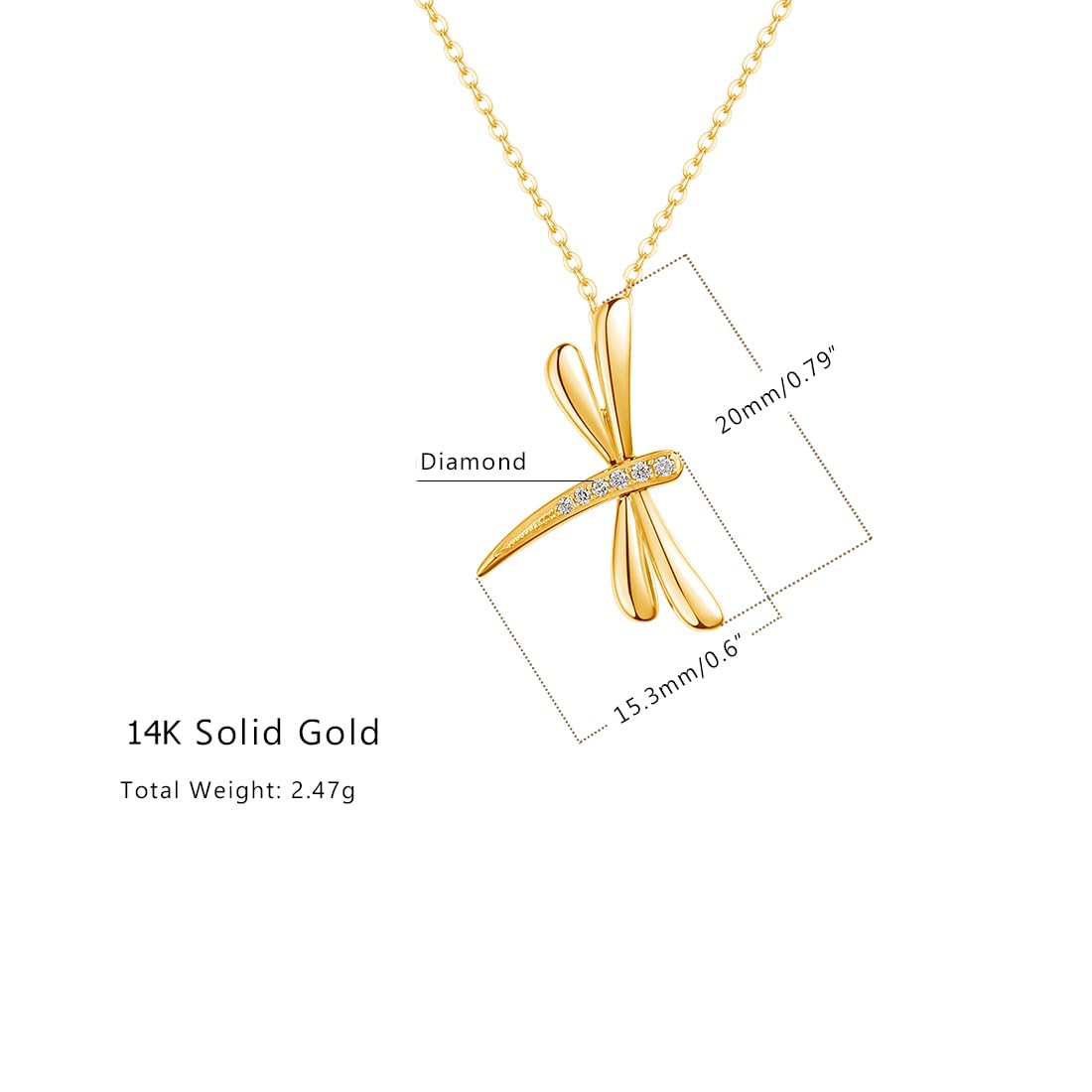 FANCIME 14K Real Solid Yellow Gold Necklace with Dragonfly Diamond Pendant Fine Jewelry Promise Anniversary Birthday Christmas Gifts for Her Women Adjustable Chain 16"+2"