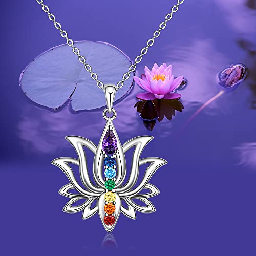 Jewlikee 7 Chakra Necklace Sterling Silver Yoga Lotus Pendant Chakra Stone Bar Necklaces for Women Energy Balance