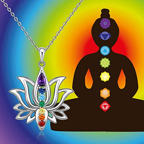 Jewlikee 7 Chakra Necklace Sterling Silver Yoga Lotus Pendant Chakra Stone Bar Necklaces for Women Energy Balance