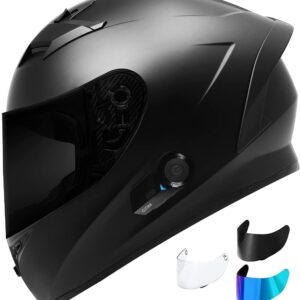 Bluetooth Motorcycle Helmet with Clear, Tinted, Iridium Shields (Medium, Flat Black)