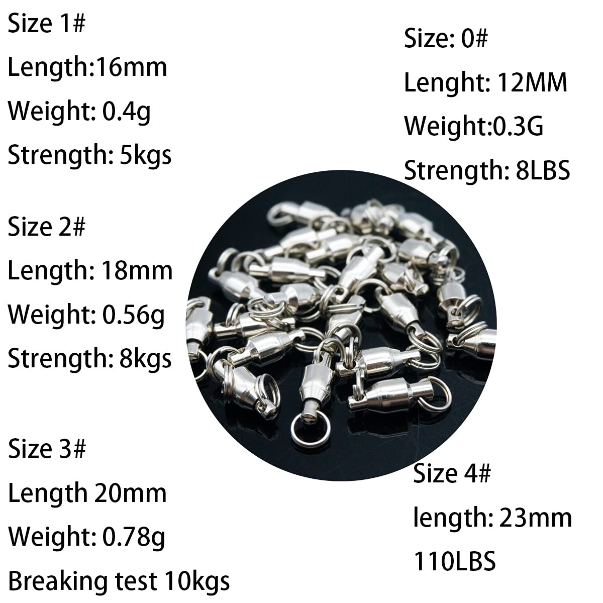 HTHYLURE 100 Pcs Ball Bearing Swivel with 2 Split Rings Fishing Snap Swivels Heavy Duty Connector High Strength Copper Stainless Steel Durability Solid Welded Rings Barrel Size 0#-4#