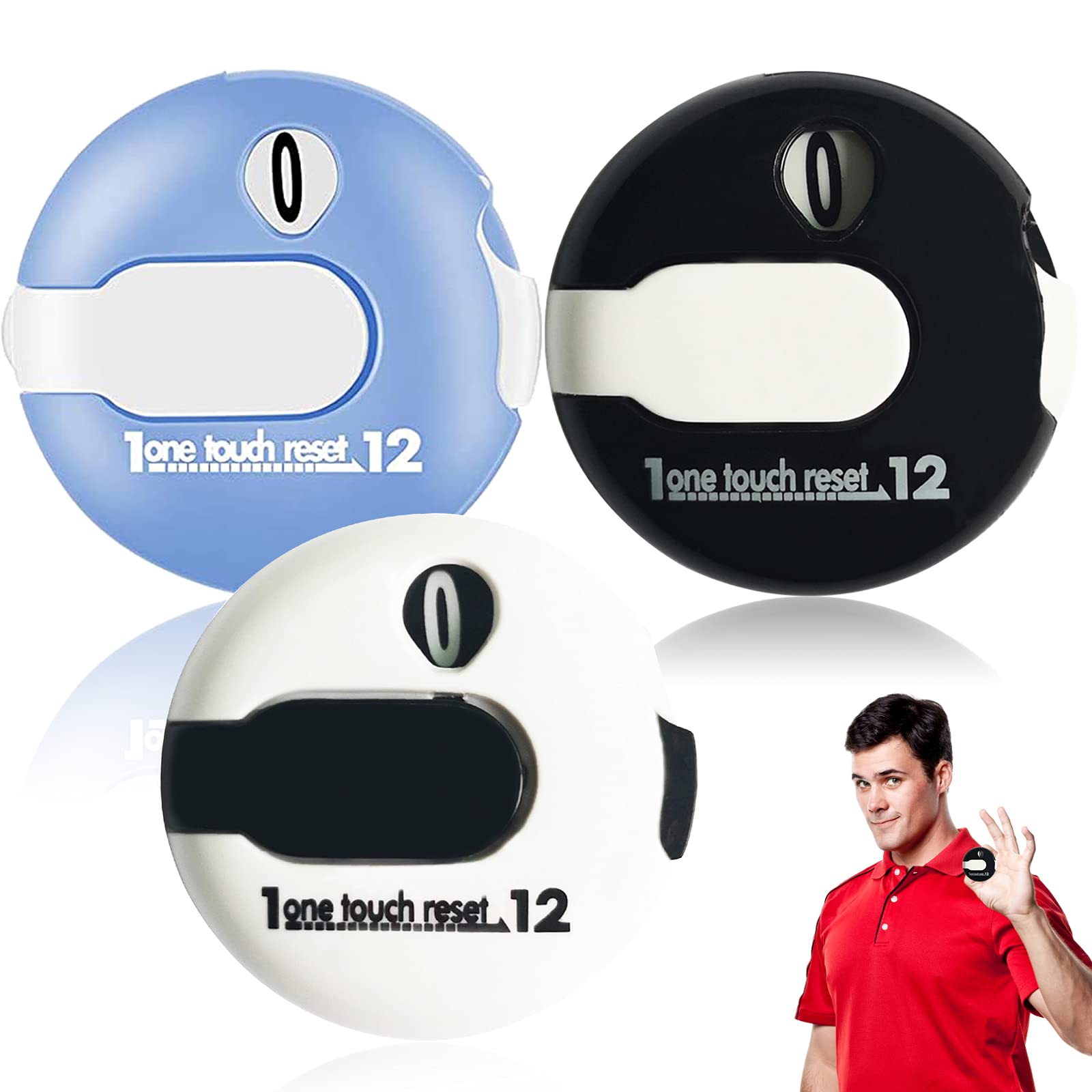 Amy Sport Golf Score Counter Stroke One Touch Reset Up to 12 Shots 3 Pack Portable Mini Attachment Counters Clicker Clip to Golfers Glove Bag Hat (3 Pack-Black&White&Blue Mini Counter)