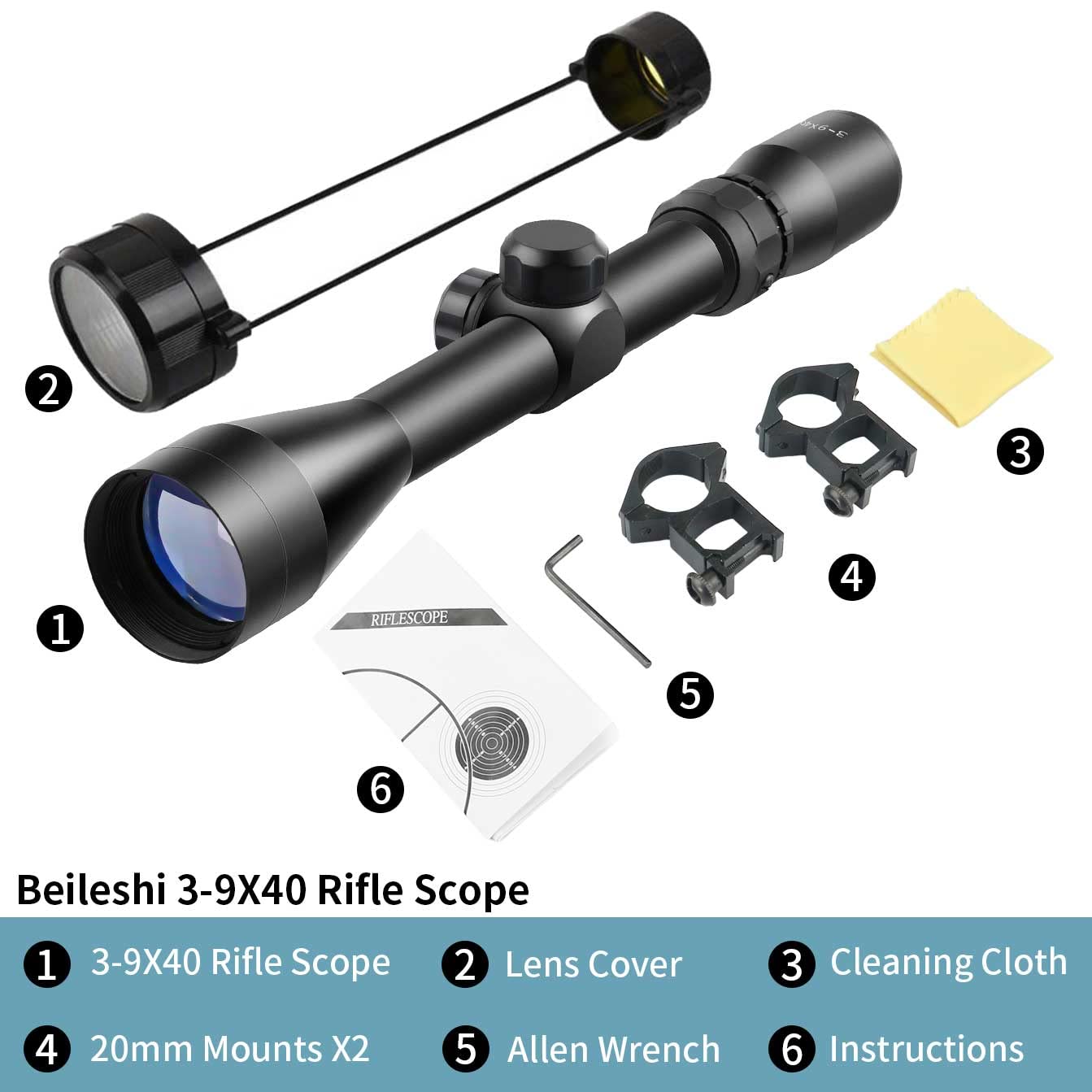 Beileshi 3-9x40 Optical Rifle Scopes with Rangefinder Reticle 20mm Mounts