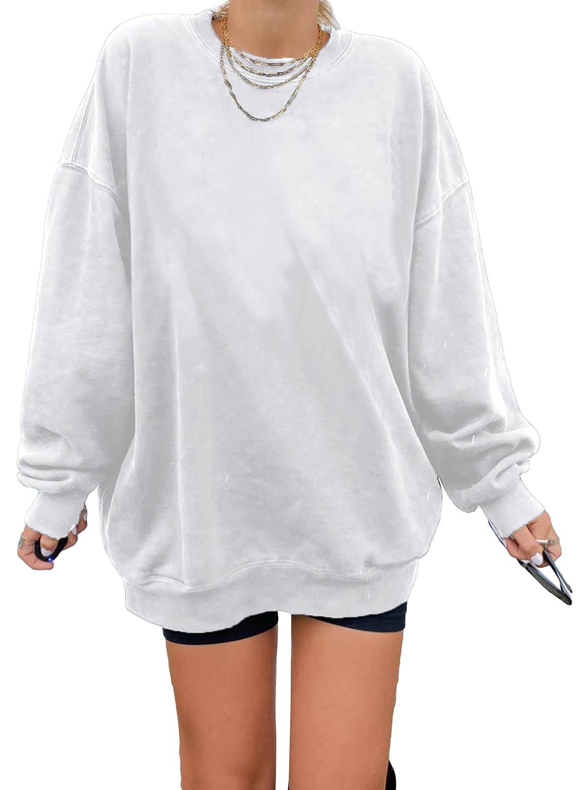 Dokotoo Womens Ladies Plus Size Cotton Basic Oversized Crewneck Long Tunic Sweatshirts for Women Long Sleeve Comfy Cozy Winter Fleece Pullover 2023 Fall Tops Casual Loose Fit Tees Shirts White M