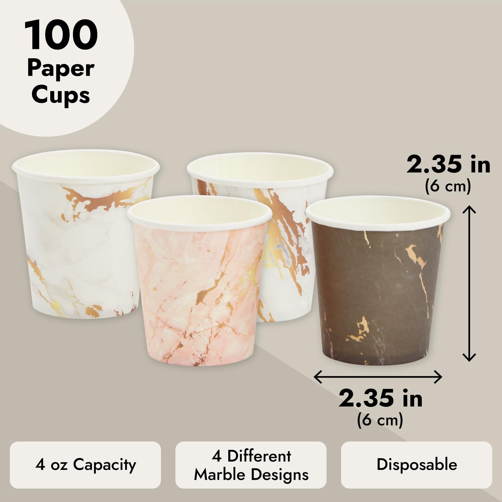 Sparkle and Bash 100 Pack Disposable 4 oz Paper Cups for Coffee, Espresso, Mouthwash, 4 Marble Designs